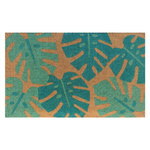 Rectangular natural coir doormat with large green monstera leaf motifs